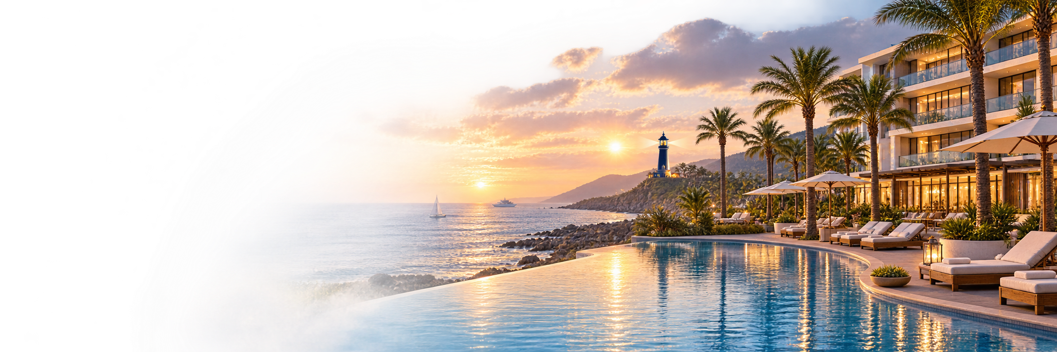 Luxury seaside hotel and pool at sunset