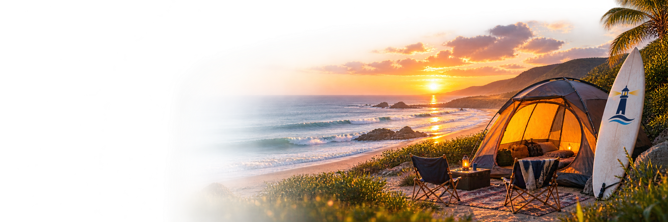 Coastal camping scene with a surfboard at sunset